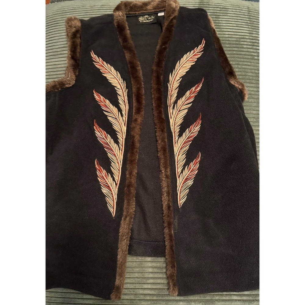 Bob Mackie Feather Embroidered Fleece Vest Size L Brown Boho Wearable Art